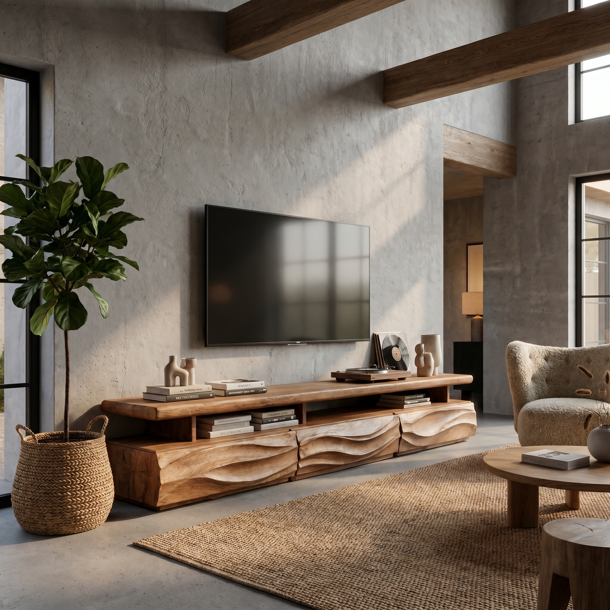 Rustic TV Cabinet With Open Storage Shelf And Wave Front Drawers For Living Room SINLHATC042