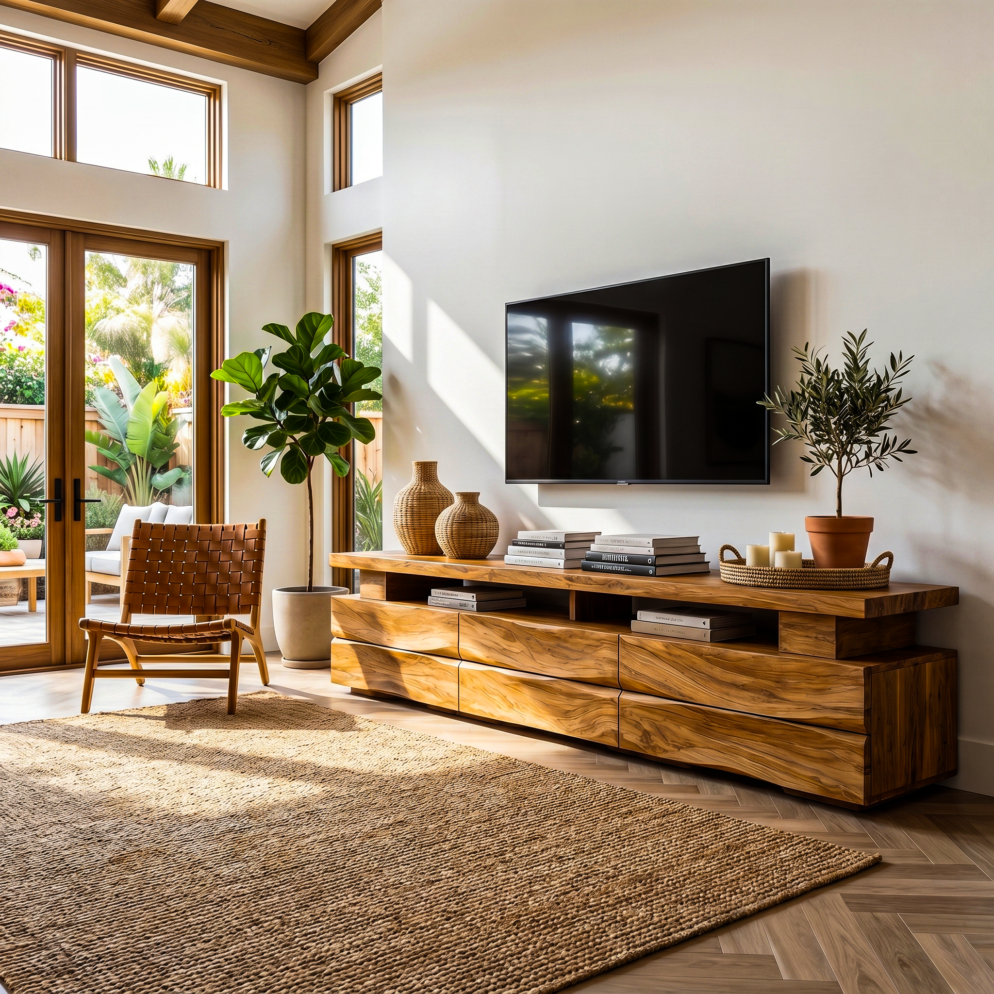 Rustic TV Cabinet With Wave Front Drawers And Open Storage Shelf For Living Room SINLHATC043