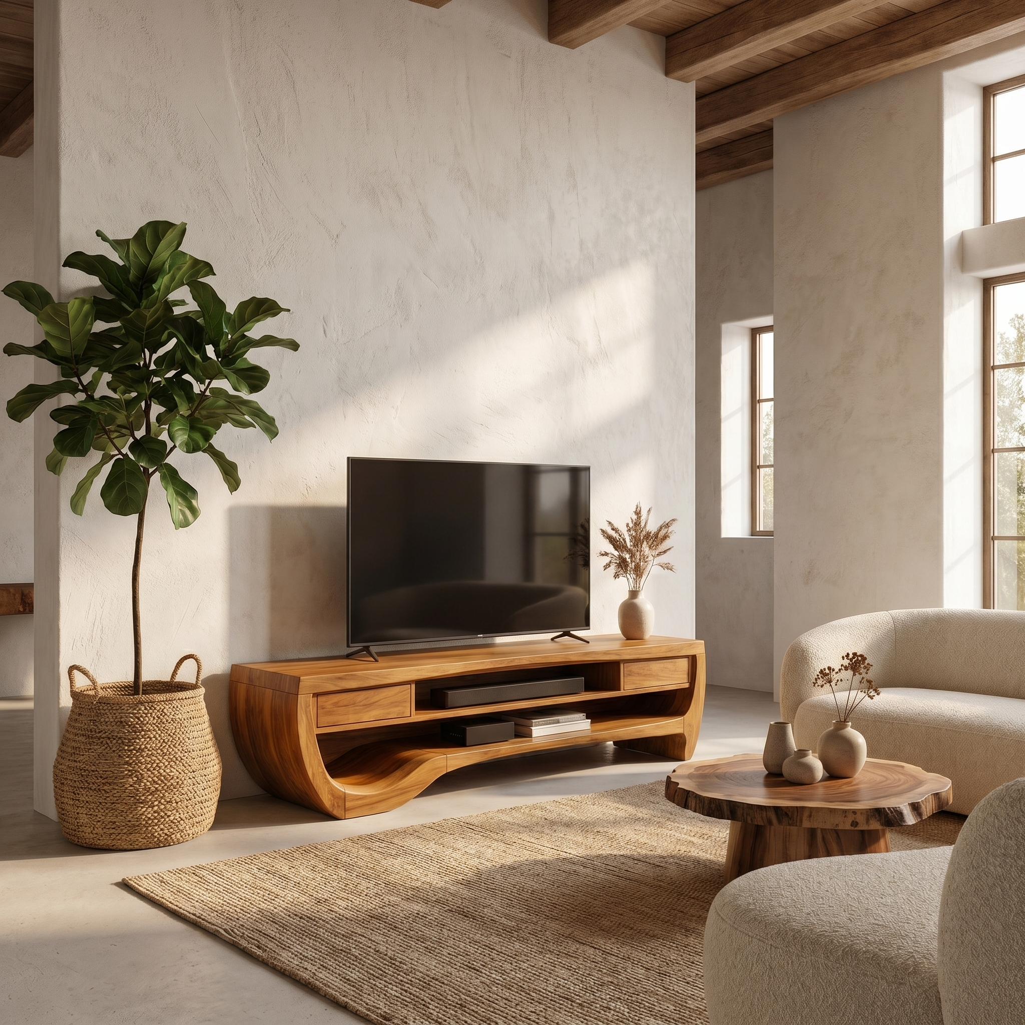 Organic TV Cabinet With Open Storage And Sculptural Curved Wood Design For Living Room SINLHATC045