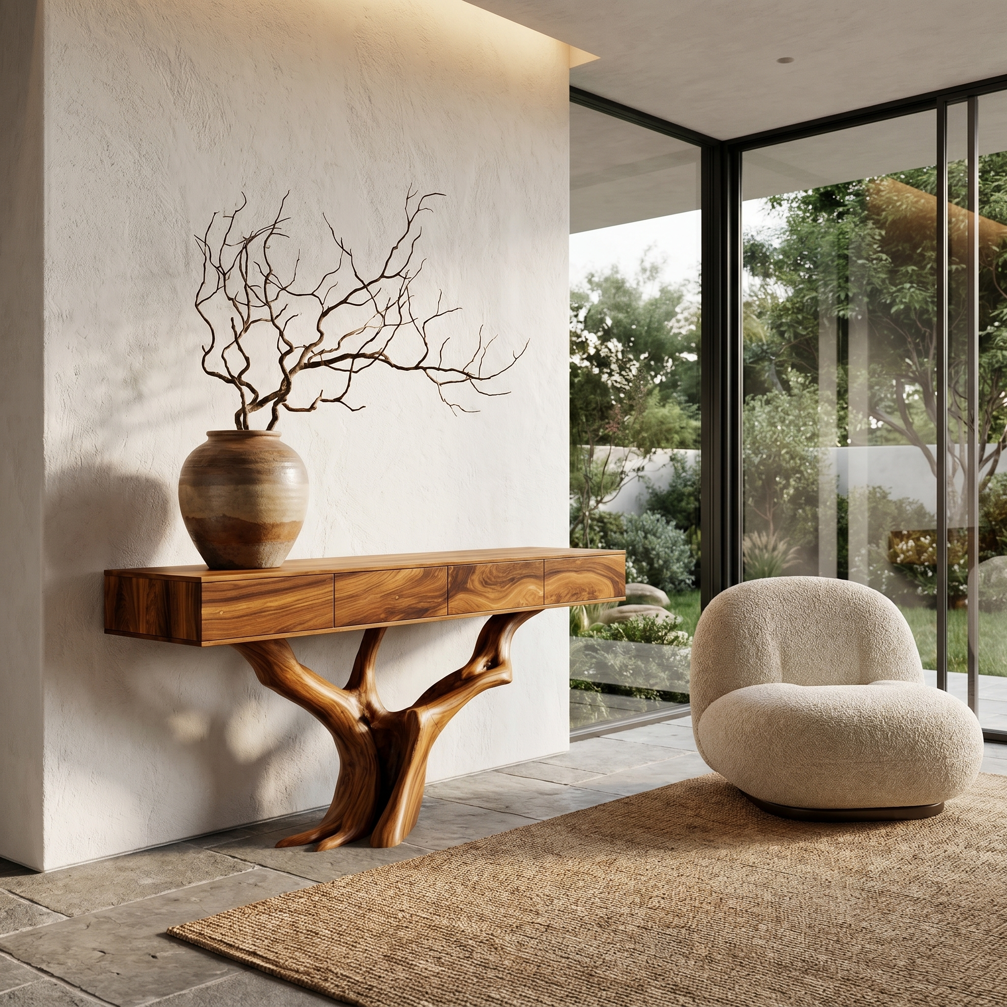 Rustic Live Edge Console Table With Sculptural Tree Branch Base For Entryway And Living Room SINLHACS616