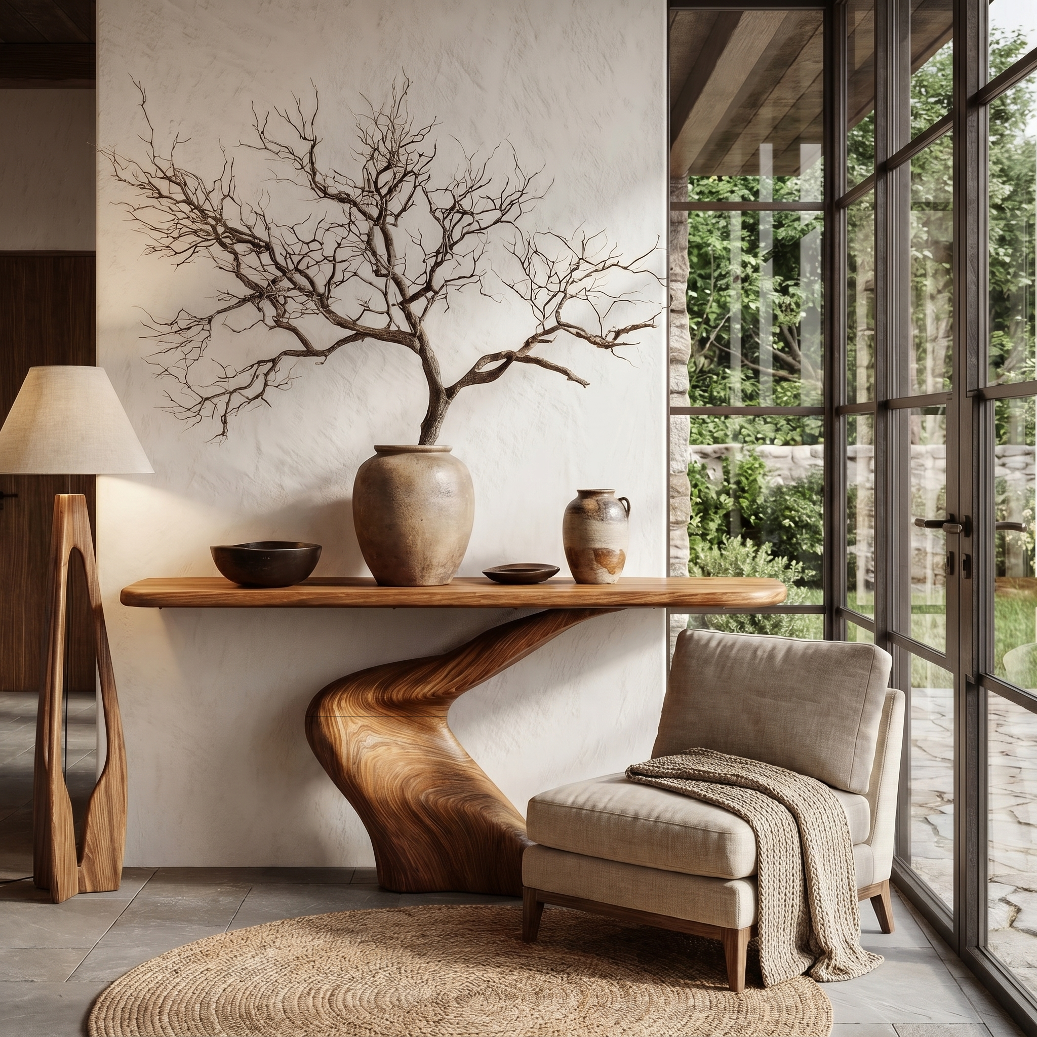 Organic Console Table With Sculptural Twisted Solid Wood Base For Entryway And Living Room SINLHACS617