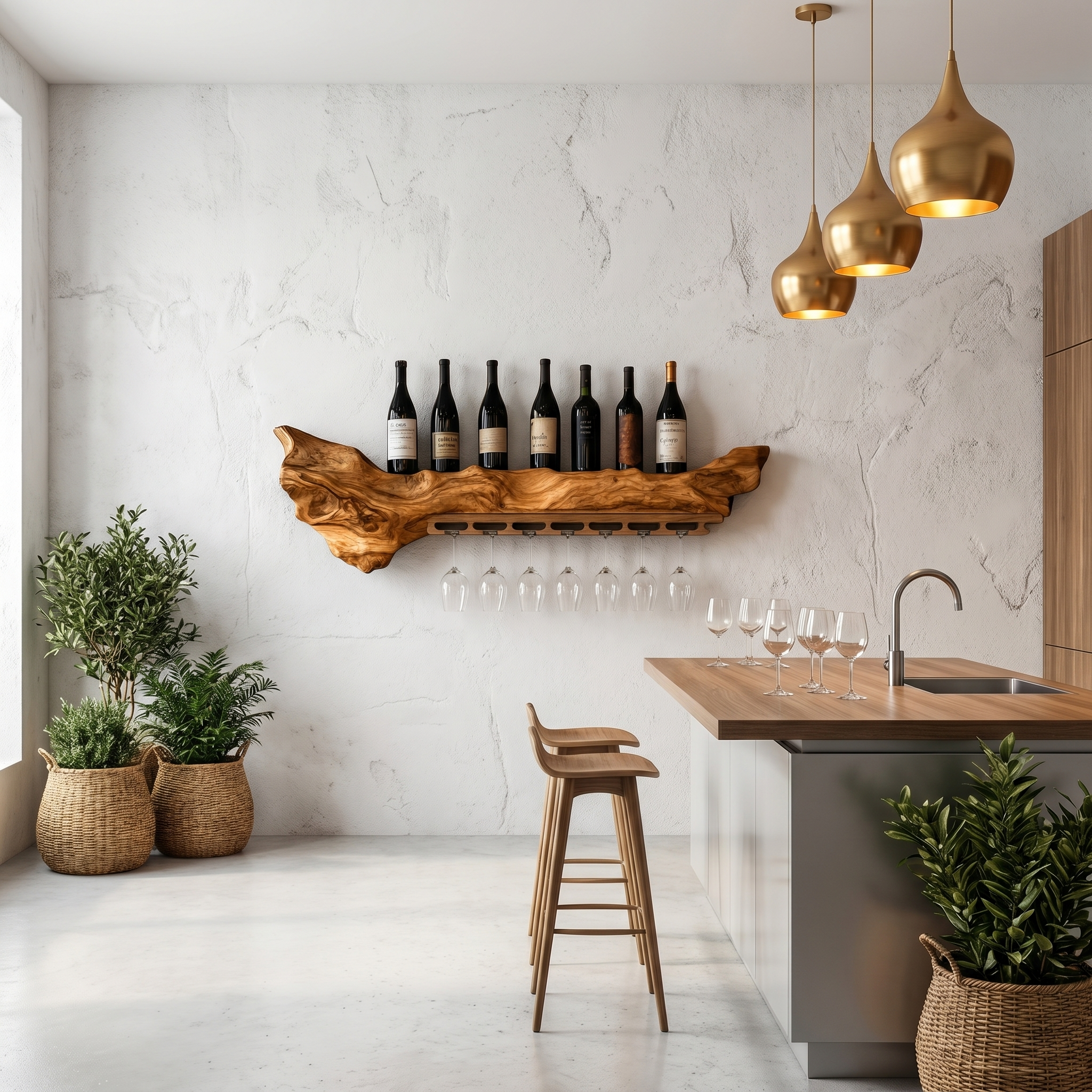 Rustic Live Edge Wall Mounted Wine Rack With Glass Holder And Bottle Storage For Kitchen And Dining Room SINLHAWR030