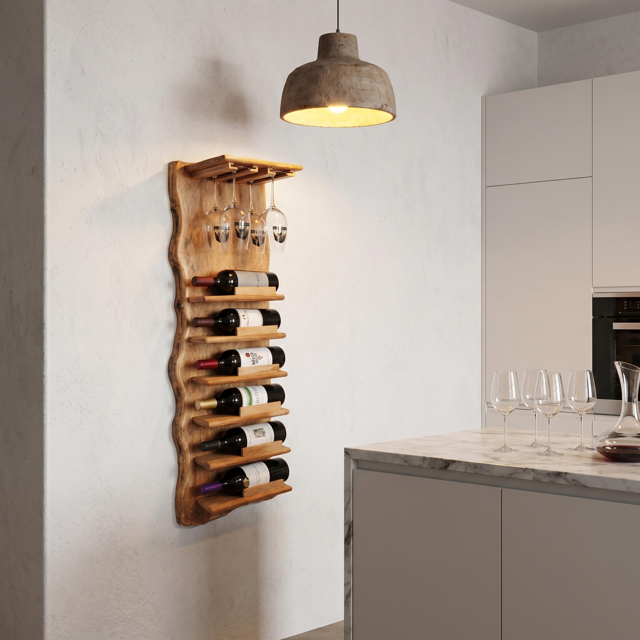 Live Edge Wall Mounted Wine Rack With Glass Holder And Vertical Bottle Storage For Kitchen And Dining Room SINLHAWR032