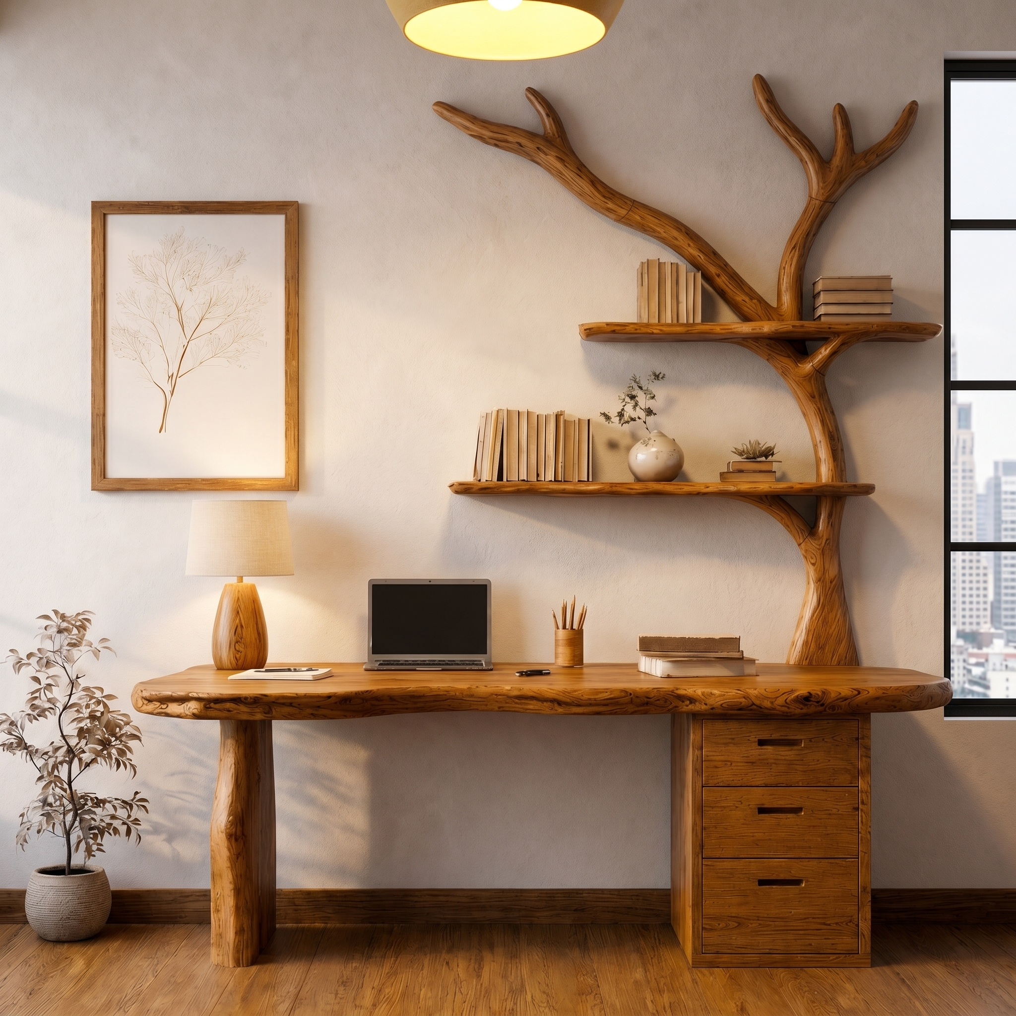 Organic Wooden Desk With Tree Branch Bookshelf And Built In Drawer Storage For Home Office And Workspace SINLHADK115