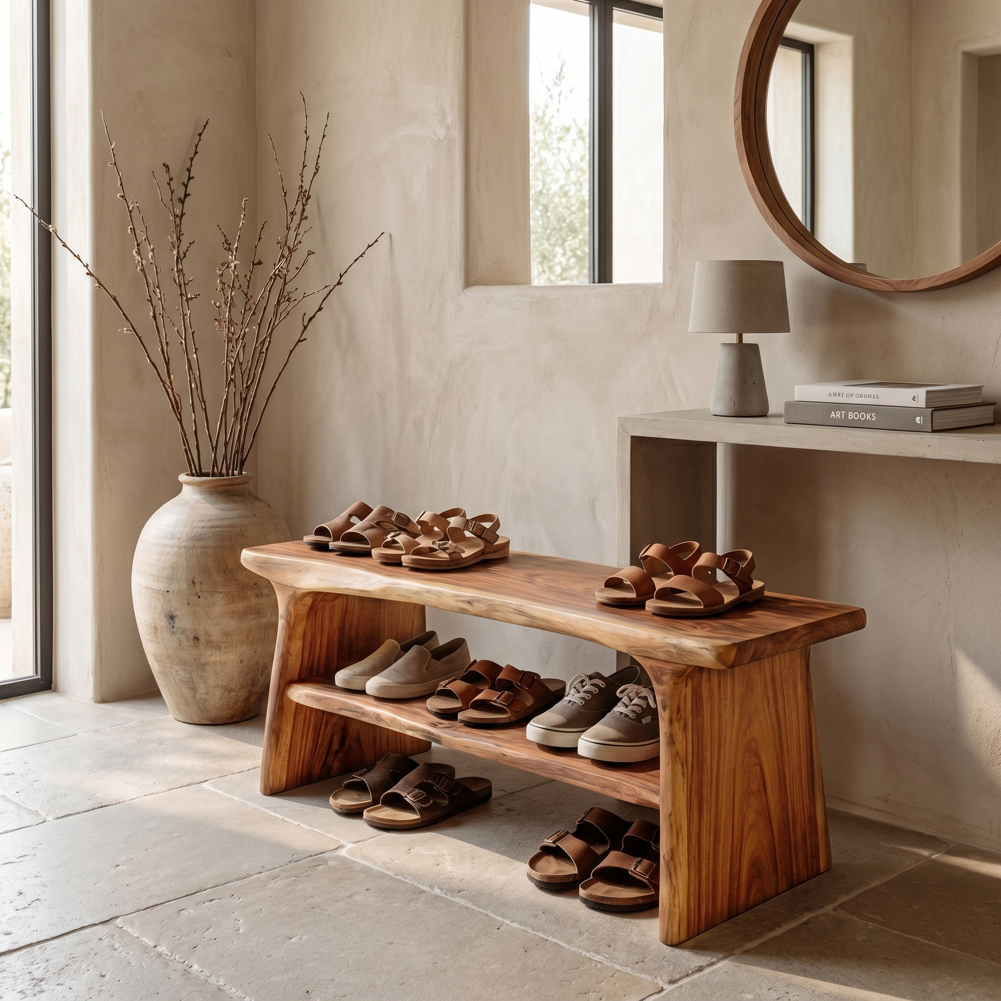 Rustic Shoe Bench With Natural Wood Storage For Entryway SINLHASB089