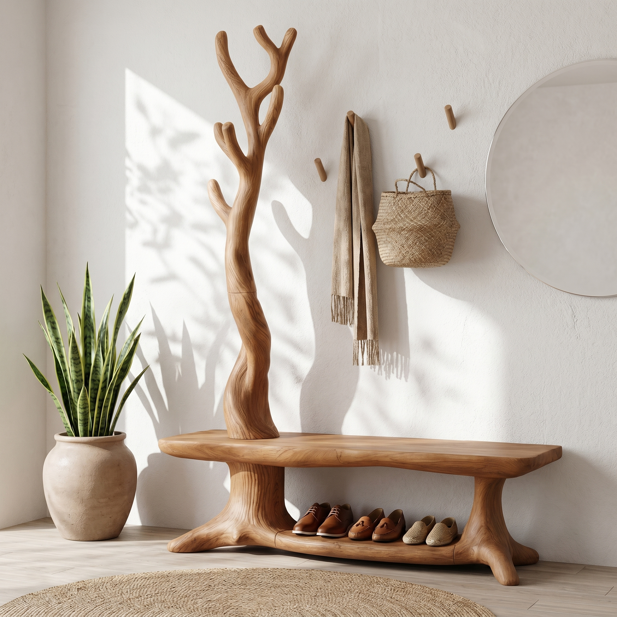 Rustic Shoe Storage Bench With Branch Coat Rack For Entryway SINLHASB091