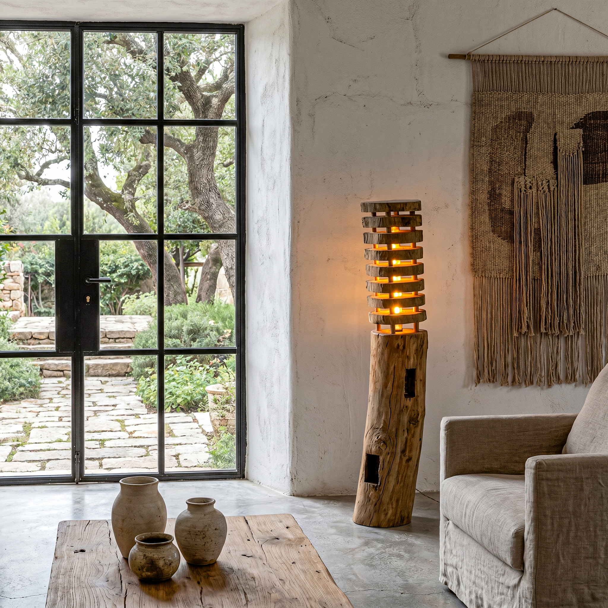 Rustic Log Floor Lamp With Sculptural Wooden Base For Living Room And Bedroom SINLHAFLP087