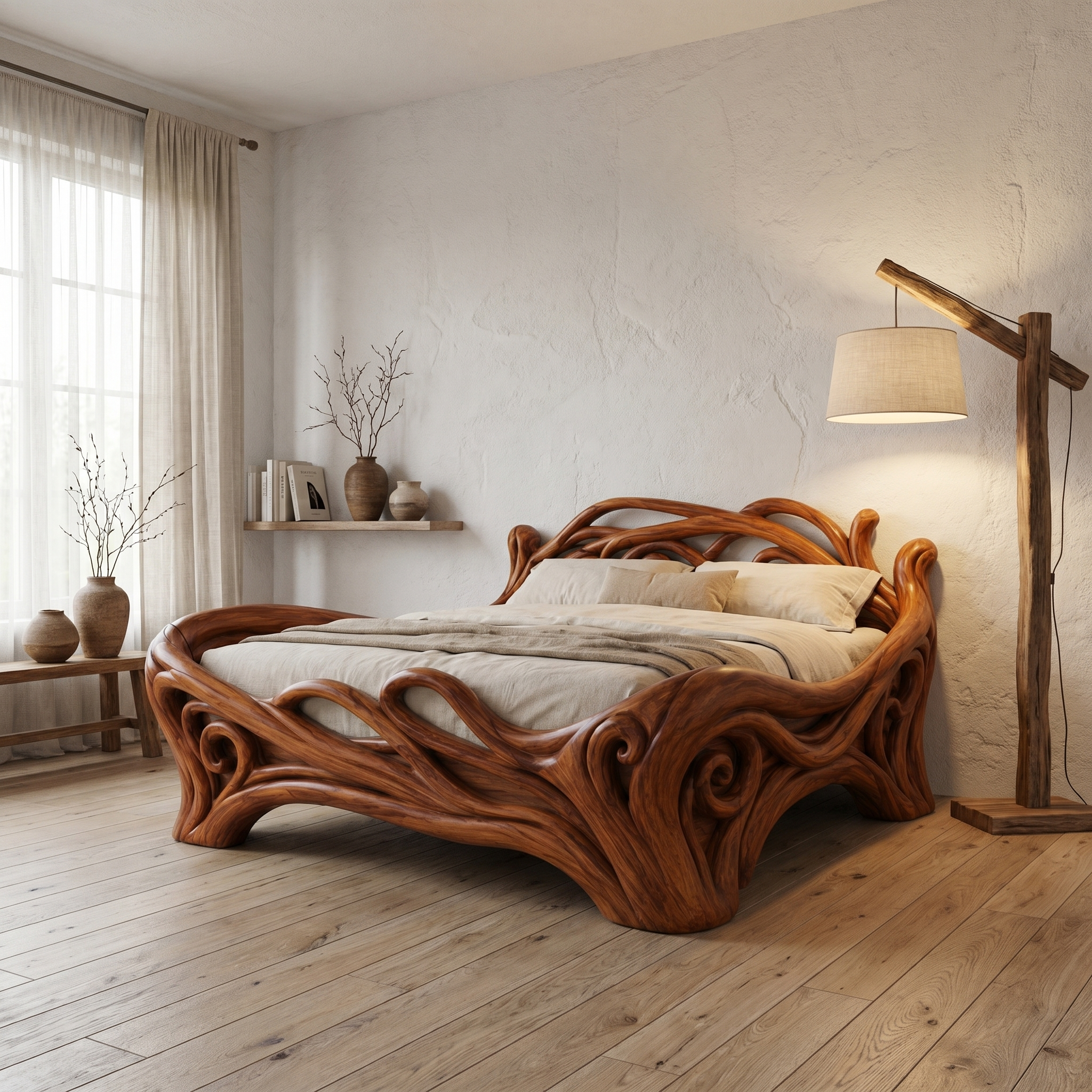 Organic Sculptural Bed Frame With Flowing Root Inspired Wood Design For Bedroom SINLHAWB121