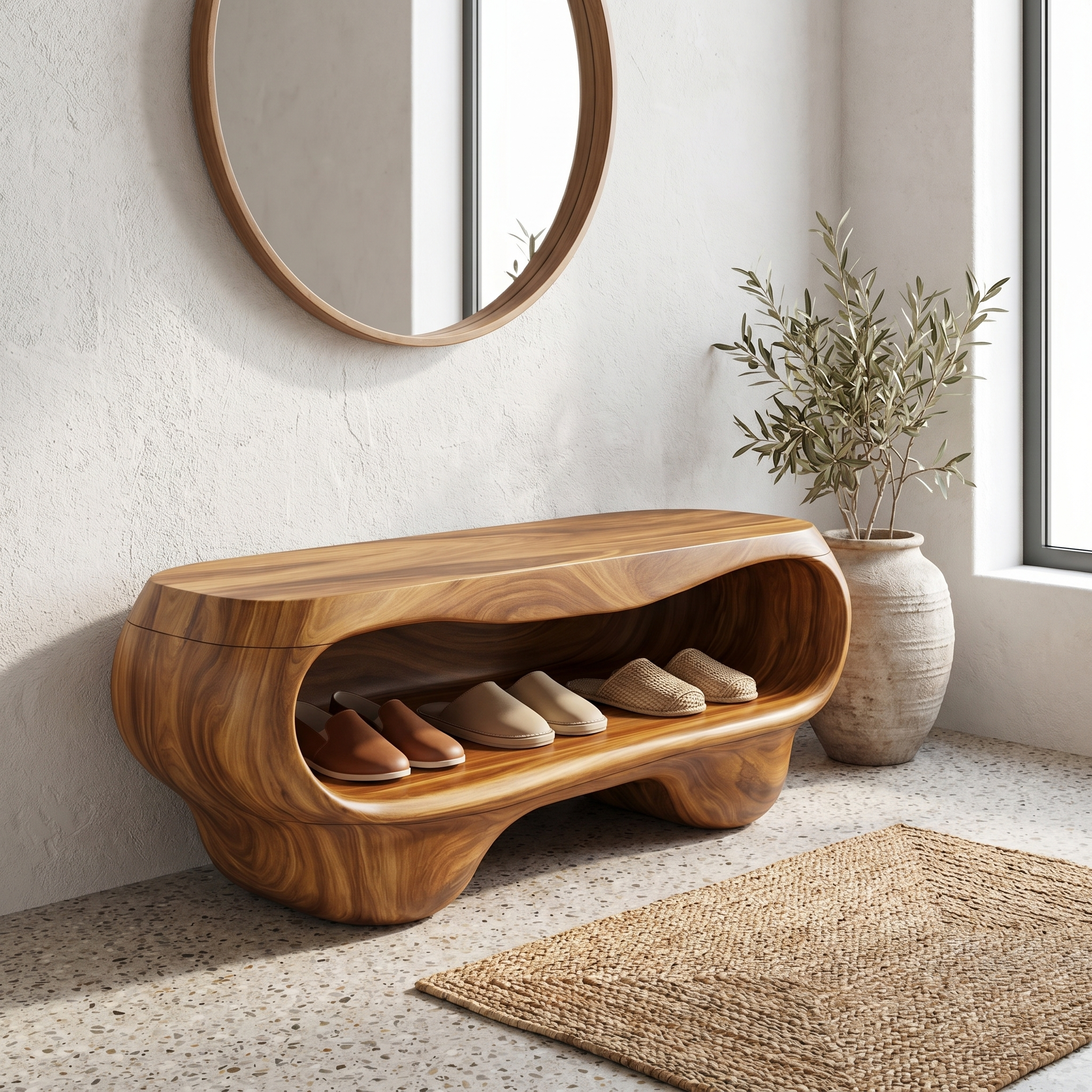 Organic Shoe Bench With Rounded Storage Shelves For Entryway SINLHASB094