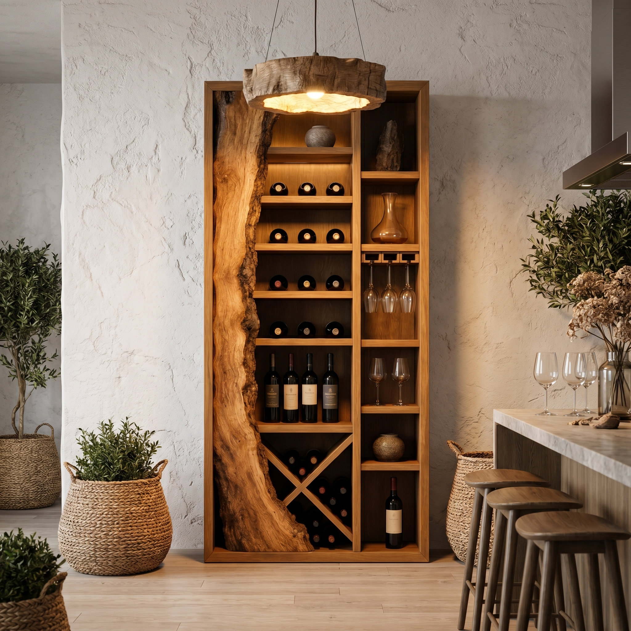 Rustic Wine Cabinet With Live Edge Wood Inlay And Built In Bottle Storage For Dining Room SINLHAWR033