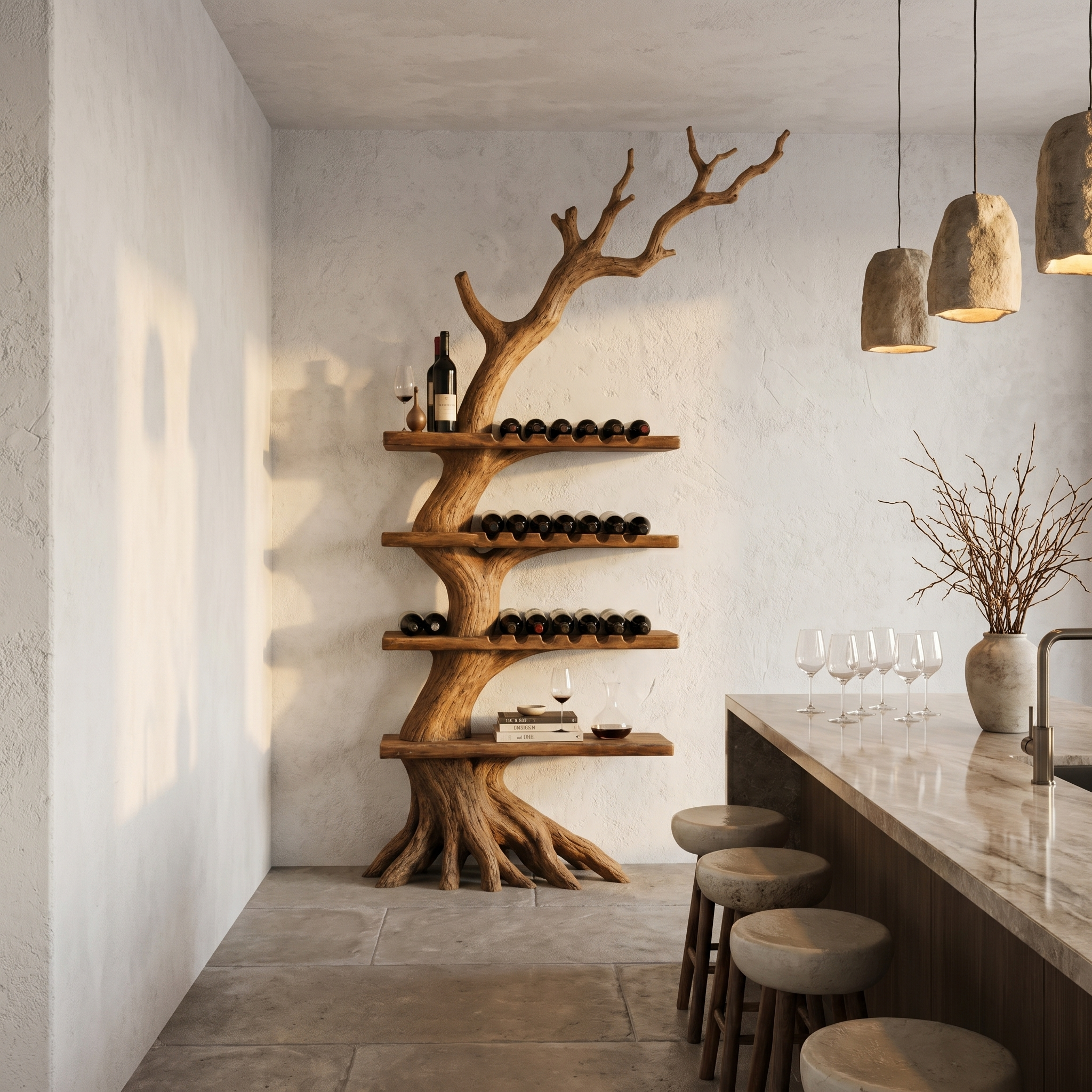 Rustic Tree Wine Rack With Solid Wood Shelves And Branch Inspired Wall Mounted Design For Dining Room SINLHAWR034