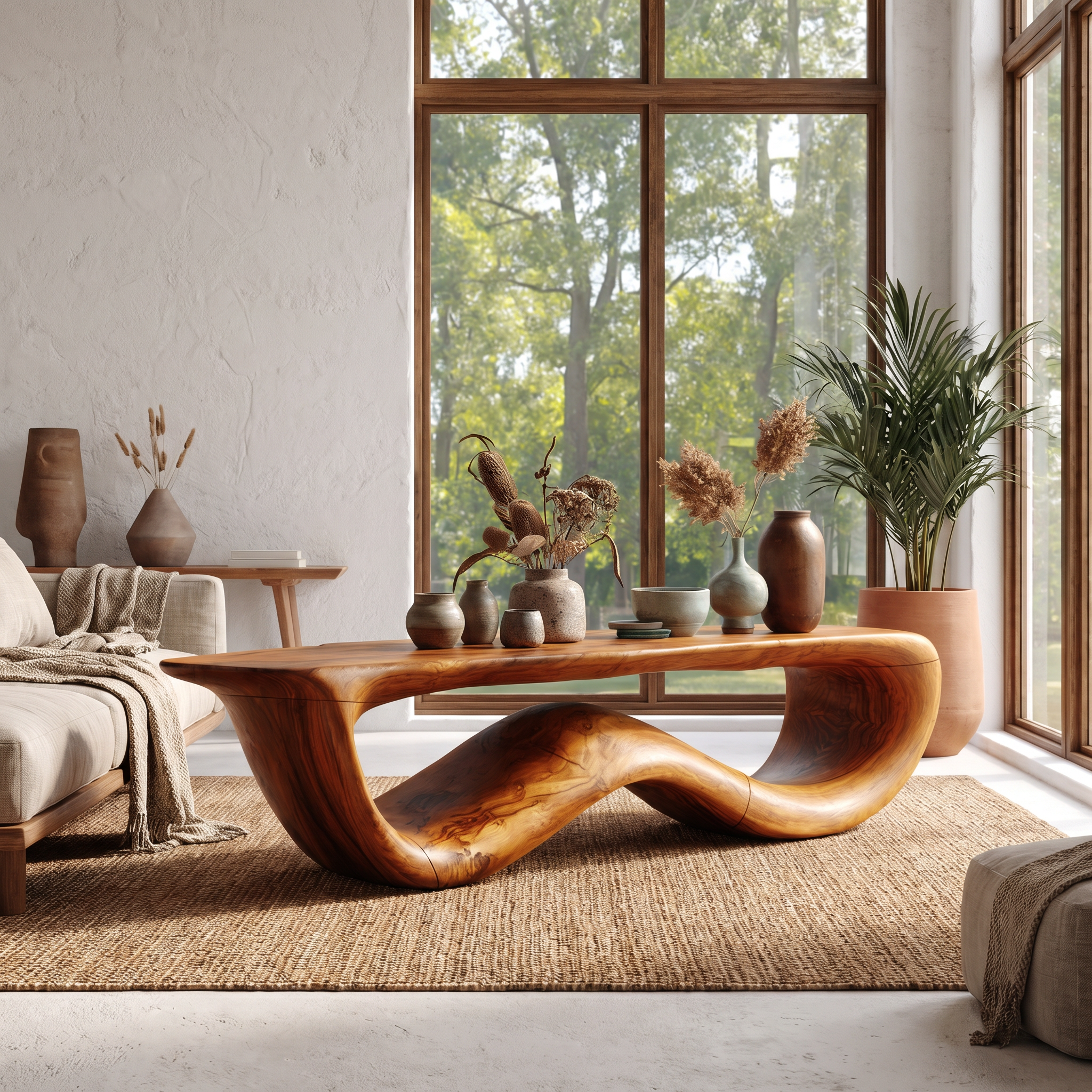 Contemporary Coffee Table With Flowing Solid Wood Silhouette For Living Room SINLHACF389