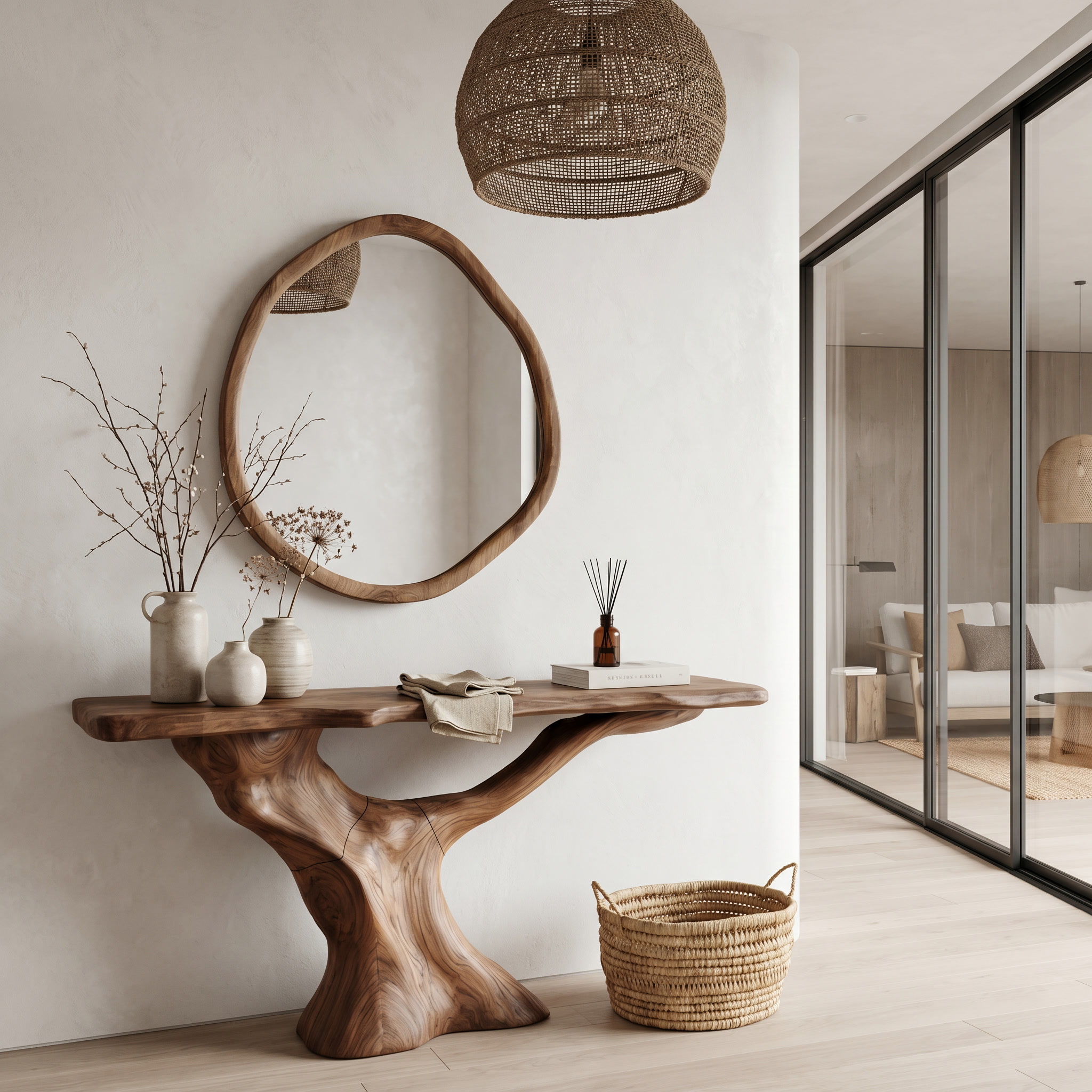 Rustic Console Table With Sculptural Wooden Base For Entryway SINLHACS575