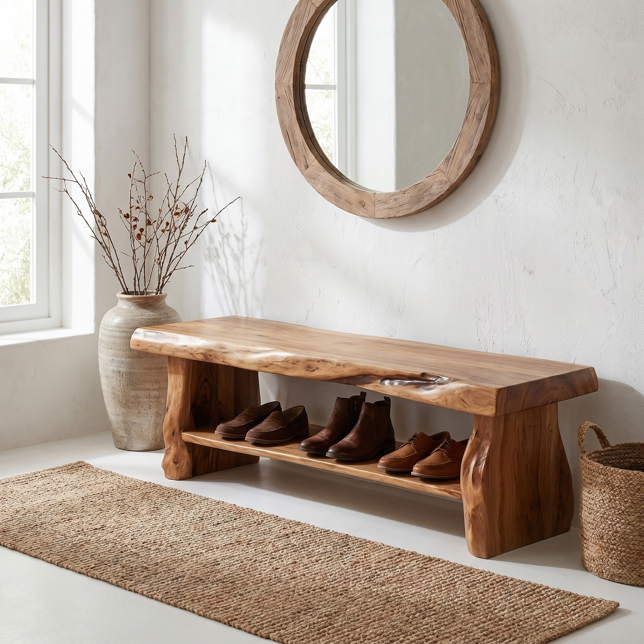 Rustic Shoe Bench Natural Wood Storage For Entryway SINLHASB096