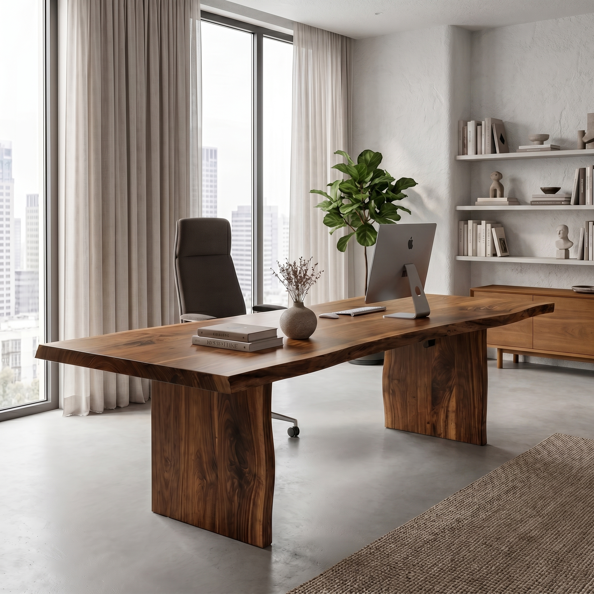 Rustic Live Edge Wooden Desk With Solid Wood Pedestal Base For Home Office SINLHADK119