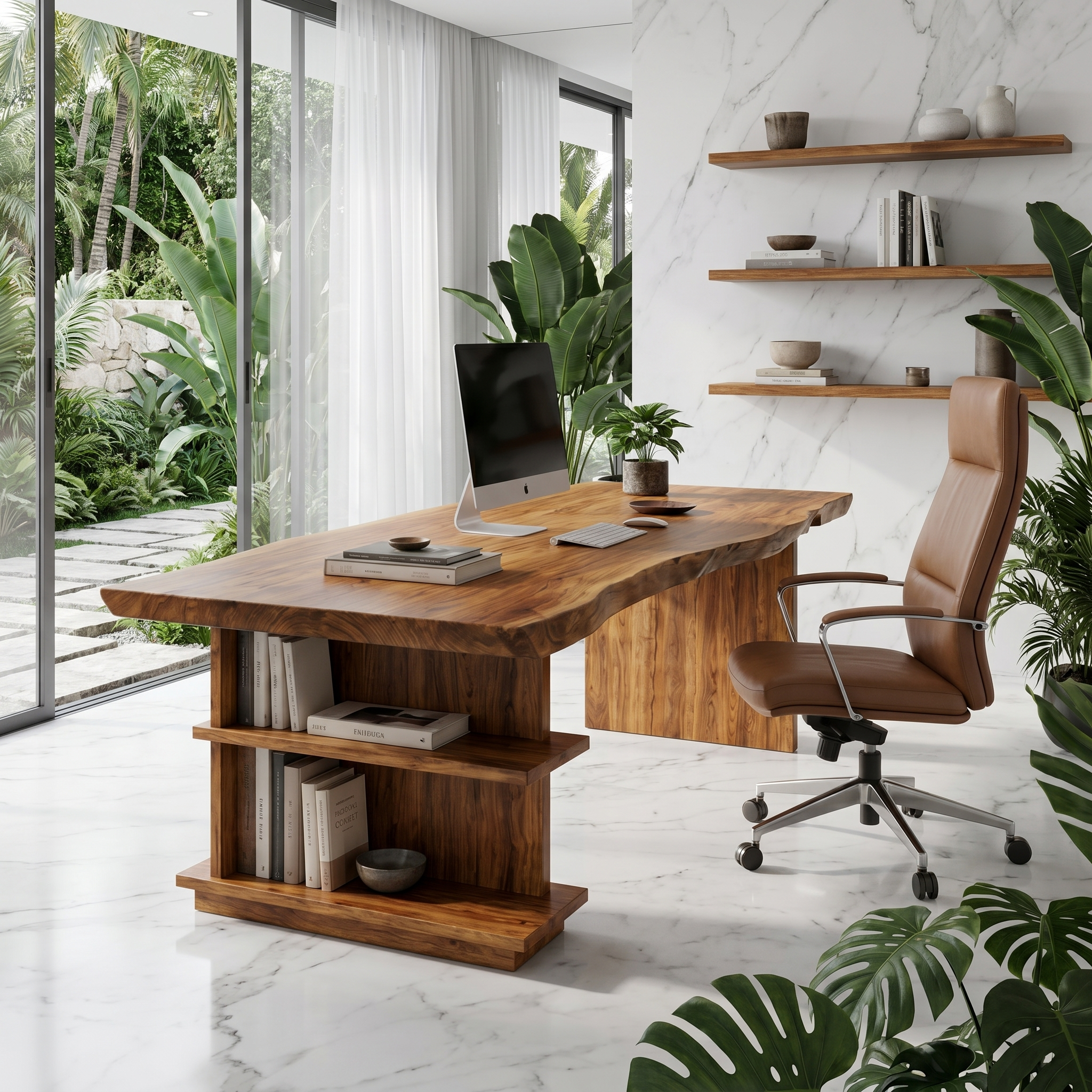 Rustic Executive Desk With Built In Bookshelf And Solid Wood Design For Home Office SINLHADK120