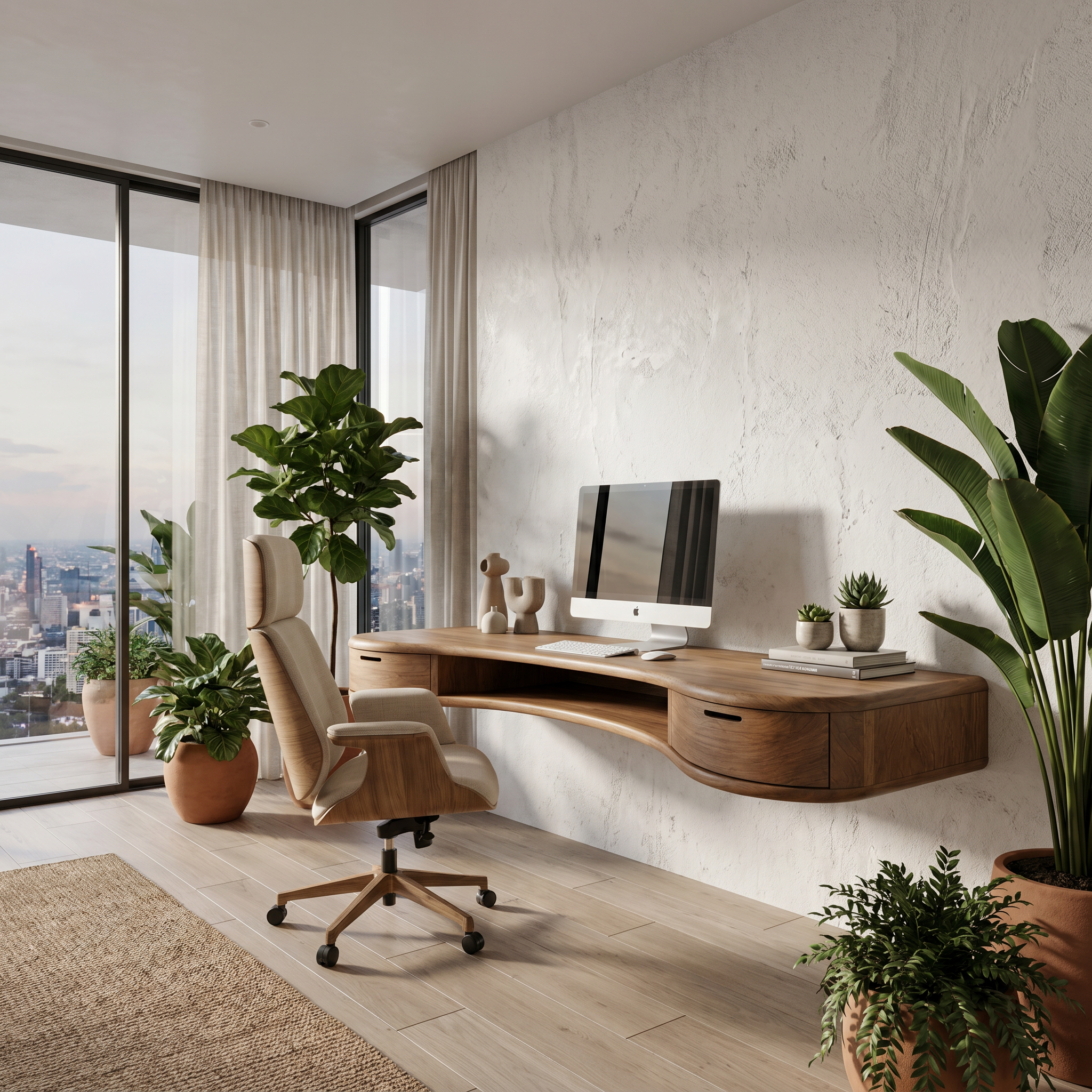 Modern Floating Desk With Built In Drawer Storage And Curved Wood Design For Home Office And Workspace SINLHADK121
