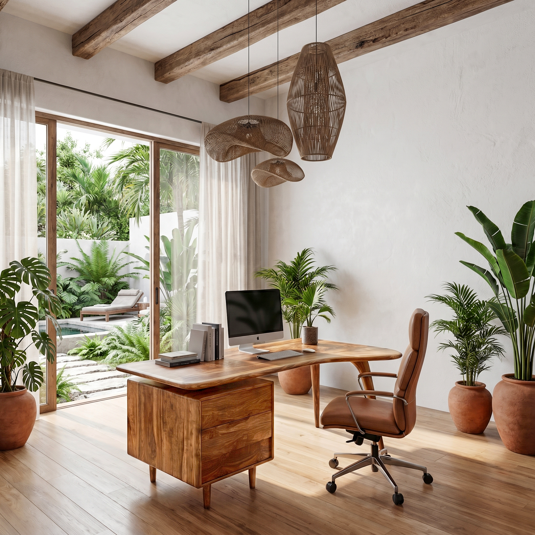 Organic Wooden Desk With Integrated Side Shelves And Built In Drawer Storage For Home Office And Workspace SINLHADK122