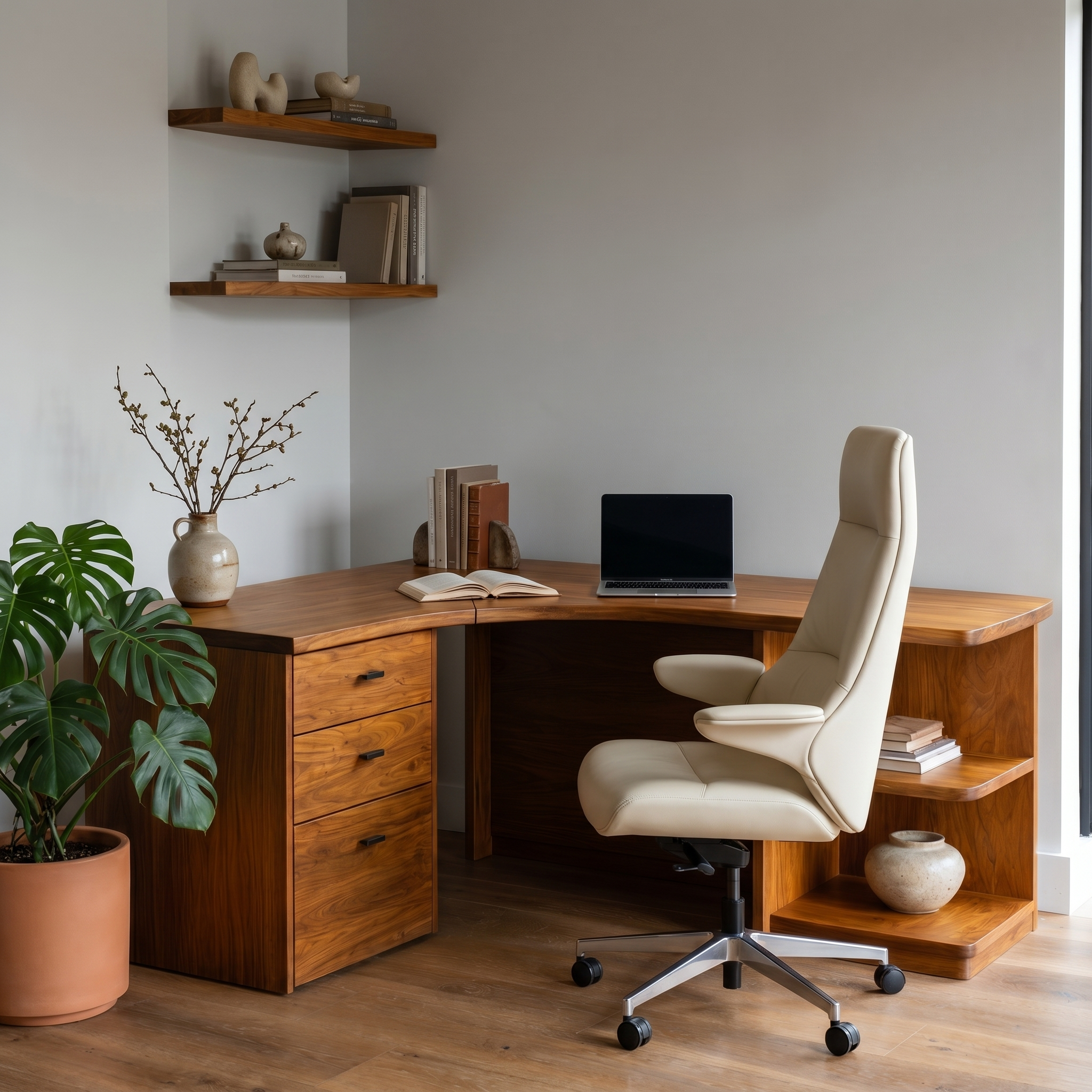 Modern Corner Desk With Built In Drawer Storage And Open Shelves For Home Office And Workspace SINLHADK123