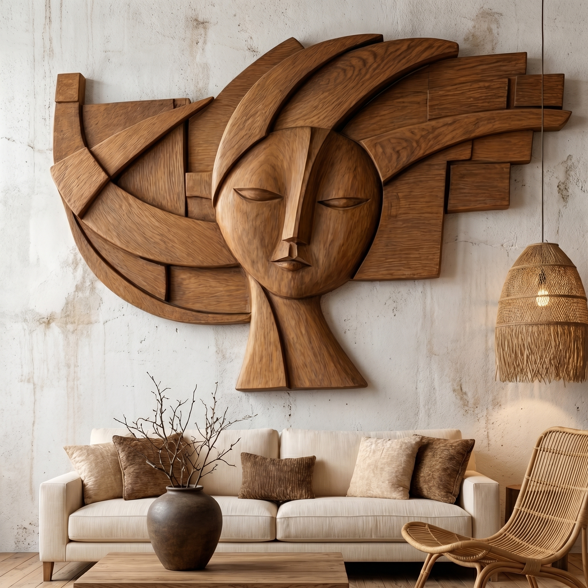 Abstract Tribal Face Wooden Wall Decor For Living Room SINLHAWD073