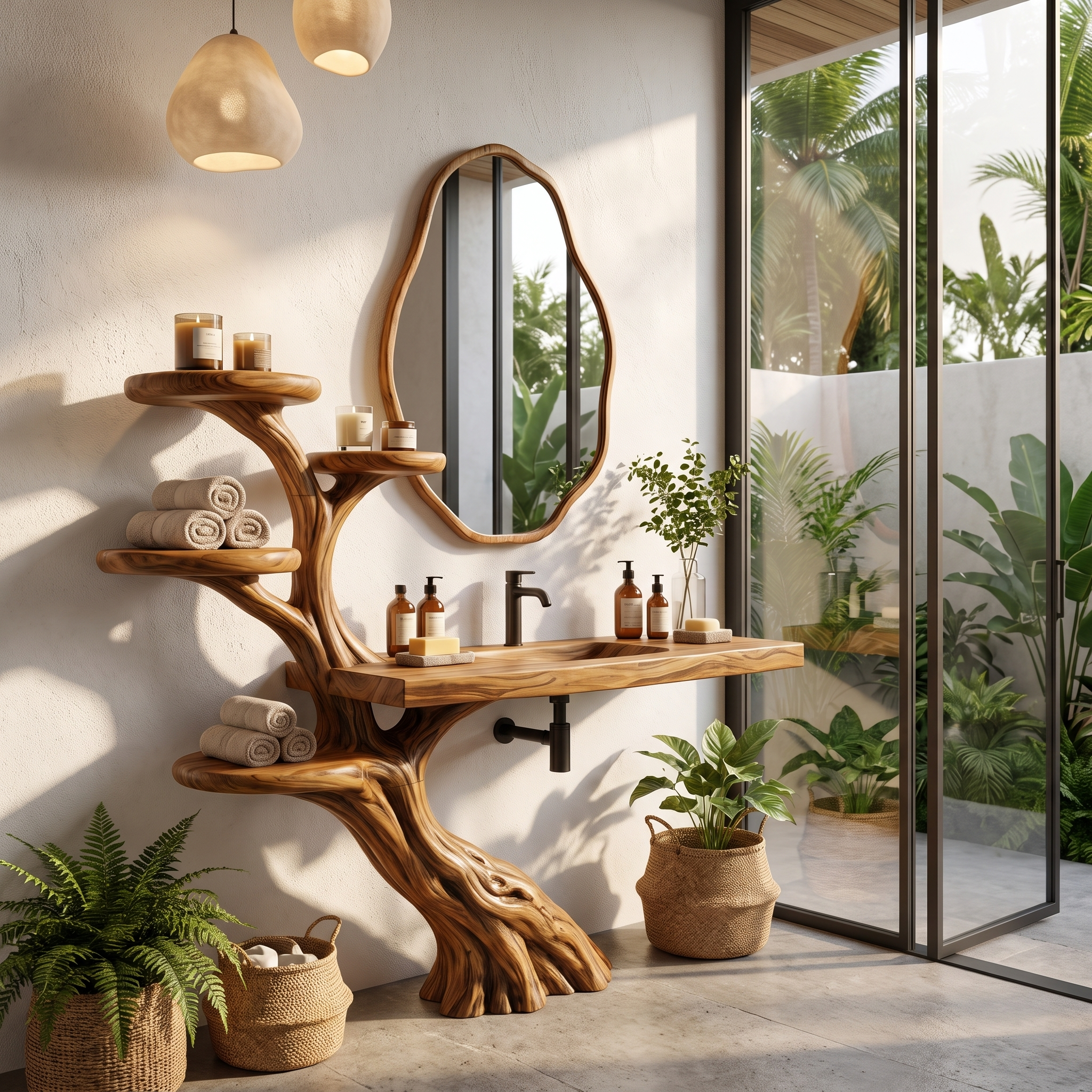 Rustic Bathroom Vanity With Sculptural Wood Structure For Bathroom SINLHABRV321