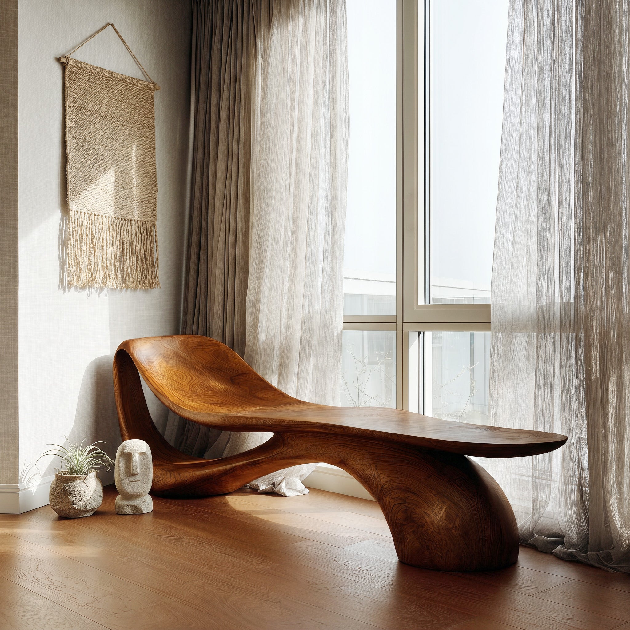 Modern Wooden Bench With Curved Sculptural For Living Decor RTTHHNCHR162