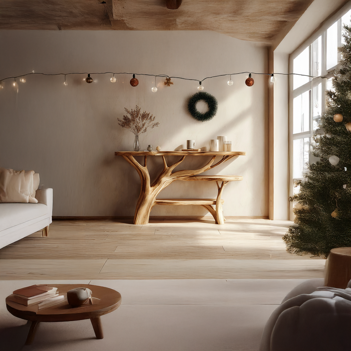 Rustic Tree Console Table Holiday Living Room Arrangement SINLSACS340