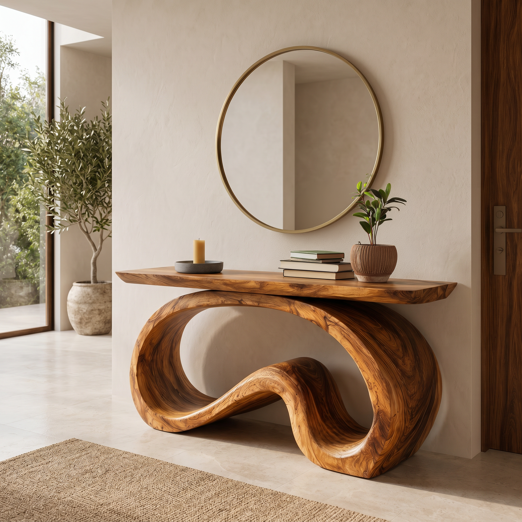 Artistic Wooden Console Table With Flowing Wood Base For Living RTTHTTCS024