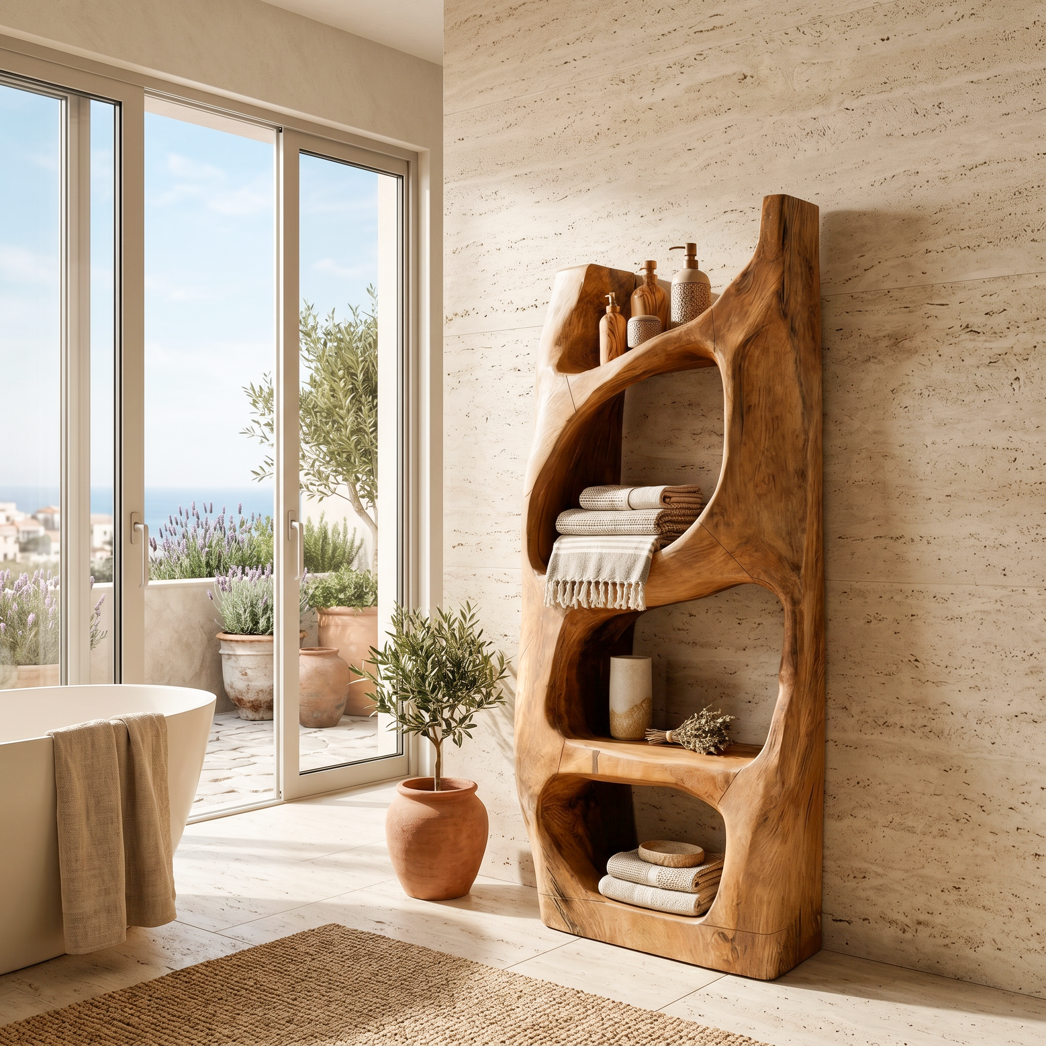 Handcrafted Sculptural Bathroom Shelf For Towels Or Spa Storage SITHTTBAS002