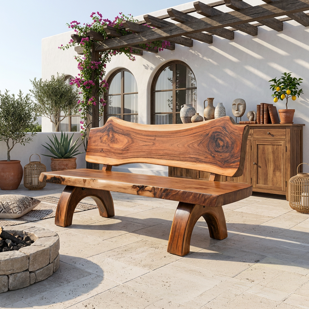 Rustic Live Edge Bench With Backrest For Patio Garden Courtyard SITHTTCHR011