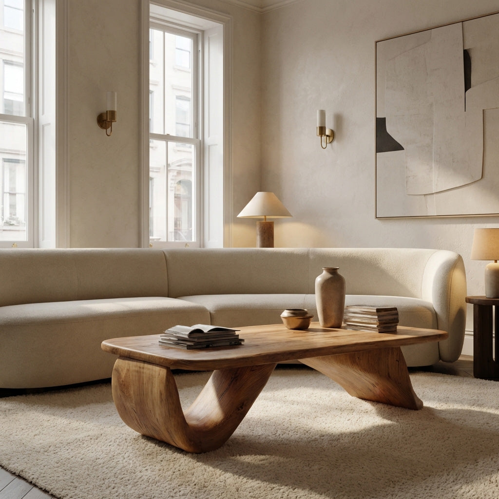 Organic Wood Coffee Table With Sculpted Curved Base For Living RTTHHNCF064
