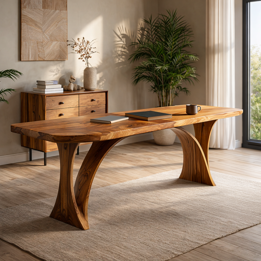 Handmade Wooden Desk With Unique Curved Base For Workspace RTTHTTDE076