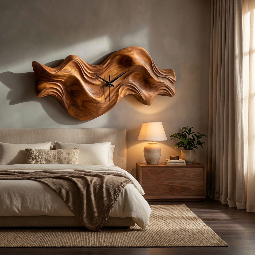 Modern Wooden Clock Organic Wave Design For Cozy Bedroom Space RTTHTTWAC015