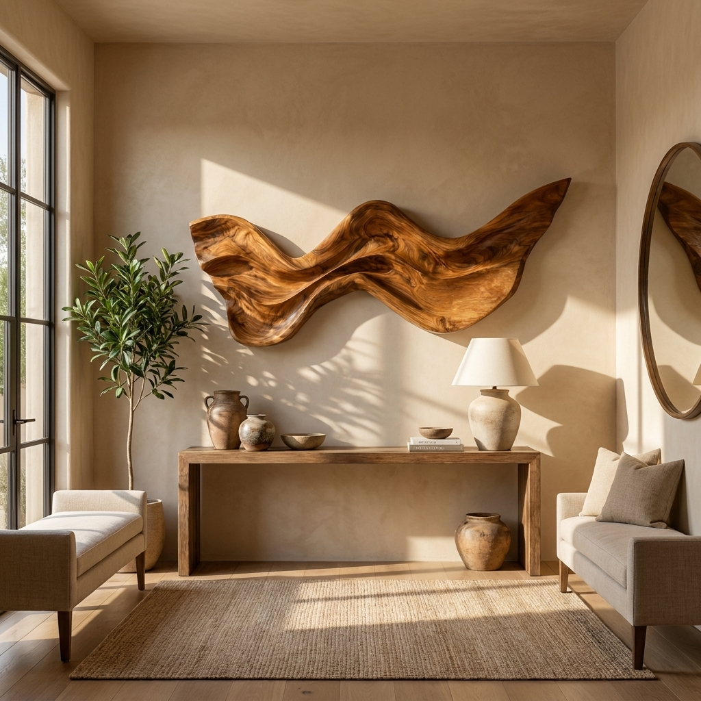 Mid Century Wooden Wall Art With Carved Wave For Living RTTHTTWA136