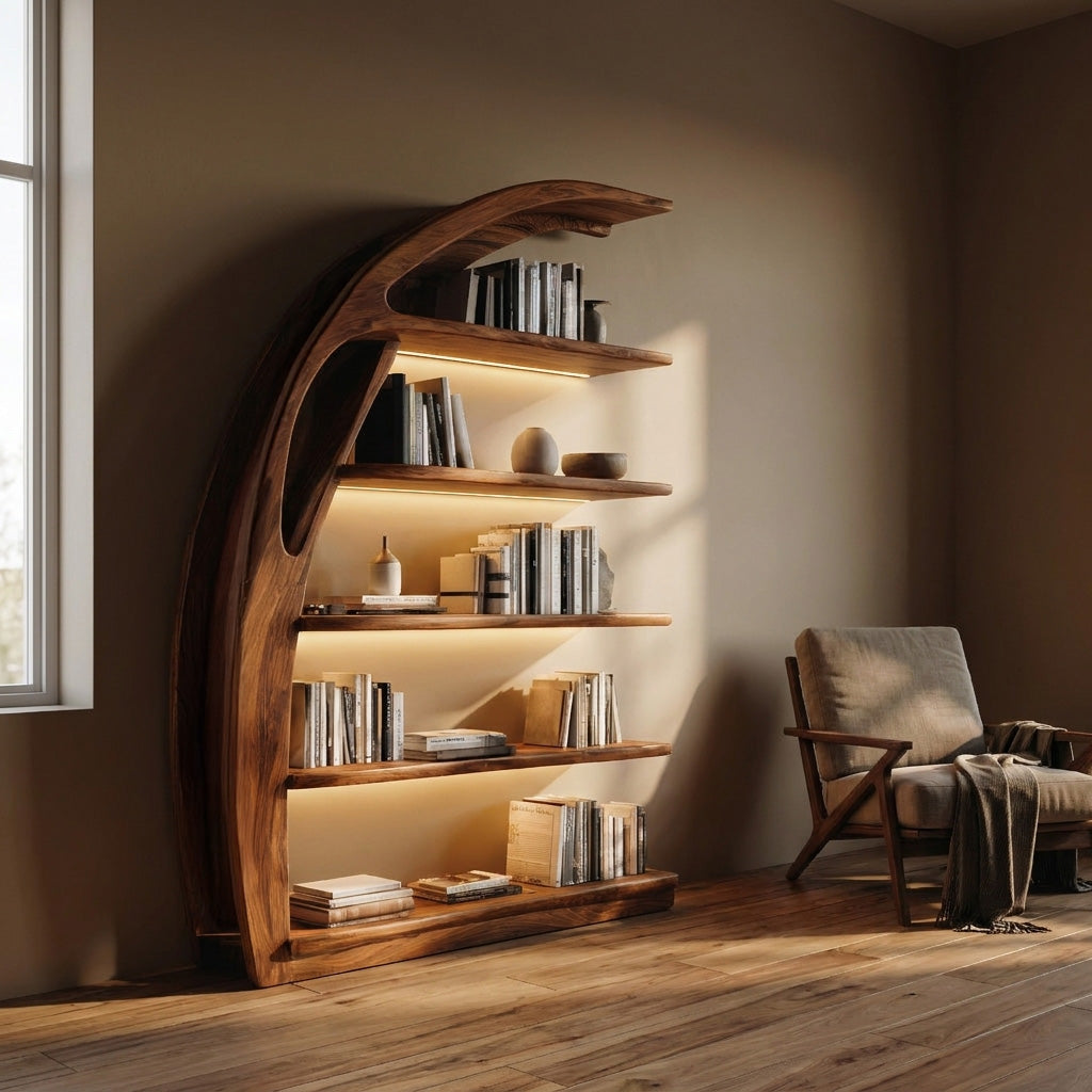 Minimal Curved Wooden Bookshelf For Living Room Display RTTHHNBS178