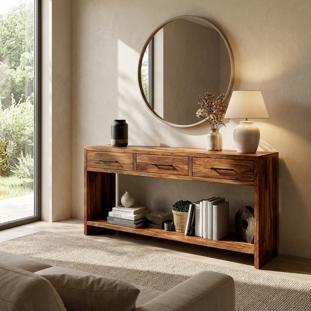 Handcrafted Wooden Console Table With Drawers For Living Room RTTHHNCS026