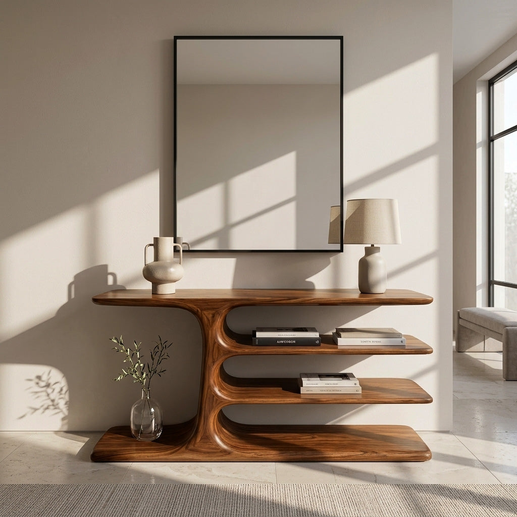 Organic Wooden Console Table With Layered Shelving For Hallway RTTHHNCS033