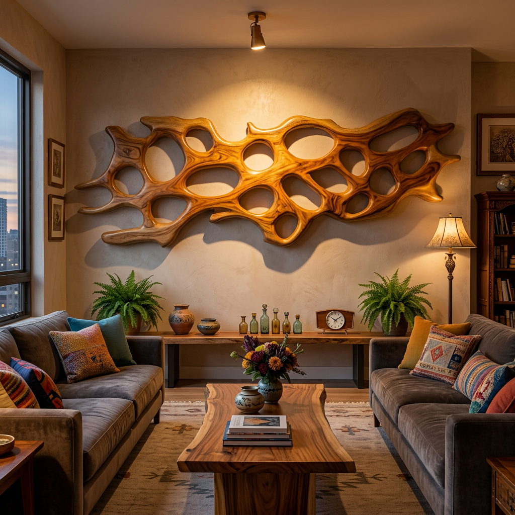 Organic Wall Art Sculpture With Abstract Carving For Living Room SITHTTWA021
