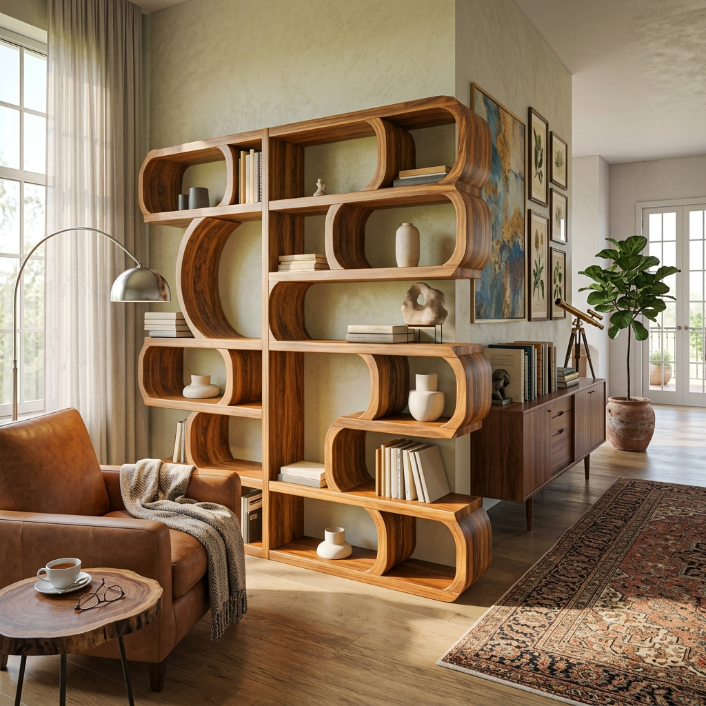 Modern Sculptural Bookshelf With Symmetrical Curves For Living Room Or Office SITHTTBS023