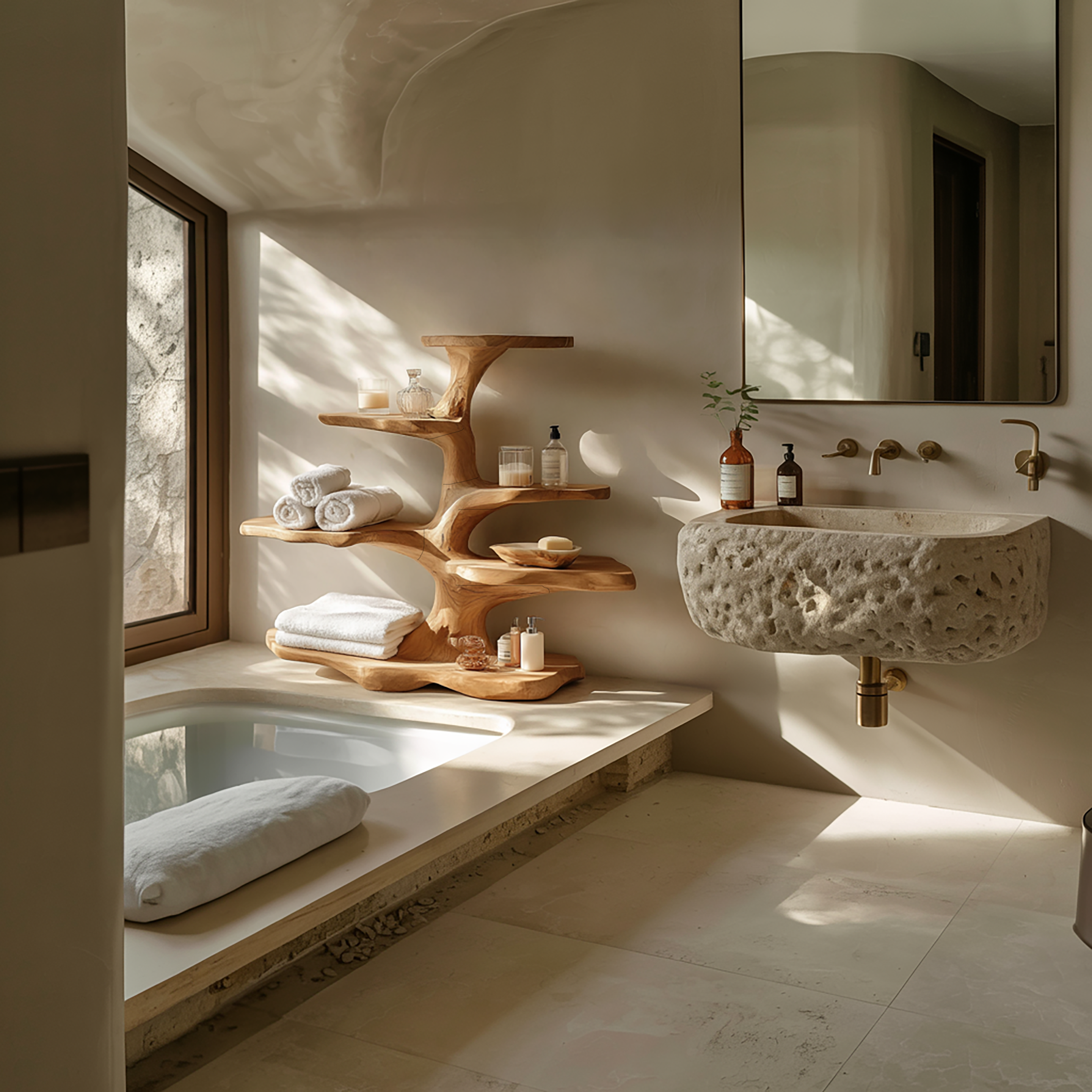 Organic Freestanding Tree Shelf For Bathroom Storage And Interior Decor SINLSABRD002