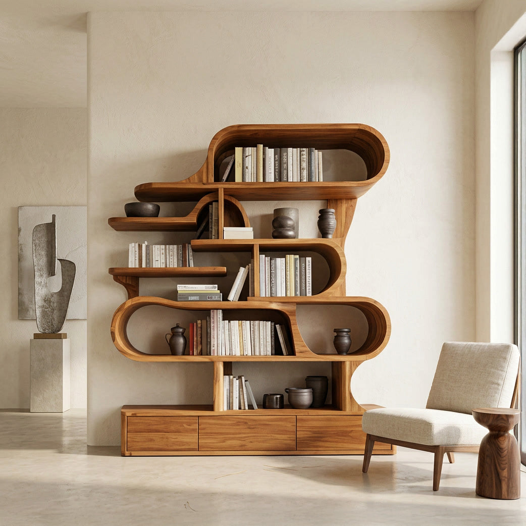 Modern Sculptural Bookshelf With Curved Design For Living Room Or Office SITHHNBS035