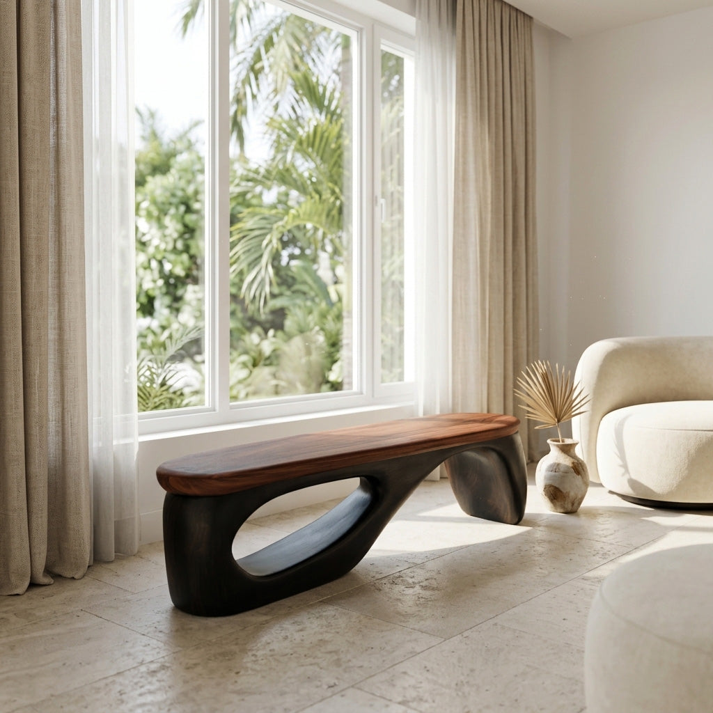 Organic Wooden Bench With Curved Black Base For Home RTTHHNCHR157