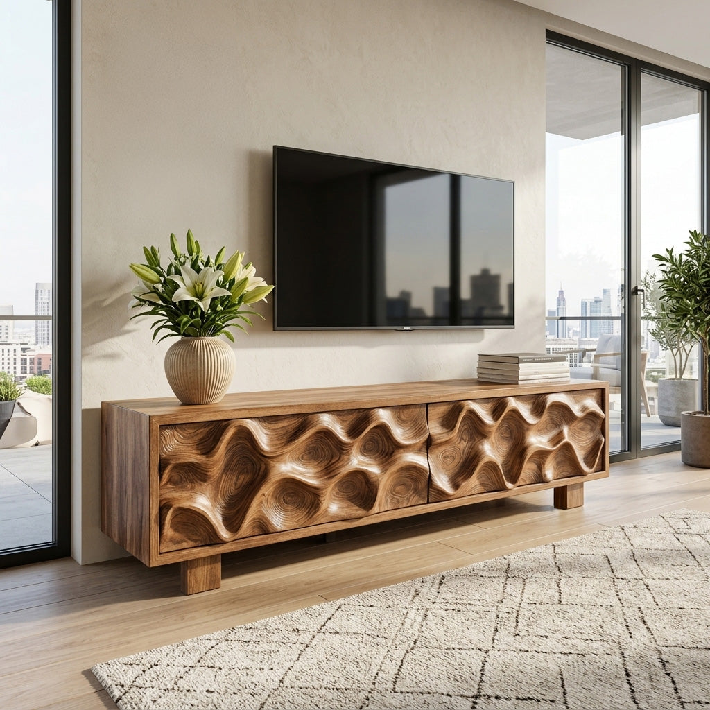 Hand Carved TV Stand With Wave Design For Living Room SITHHNTVC005