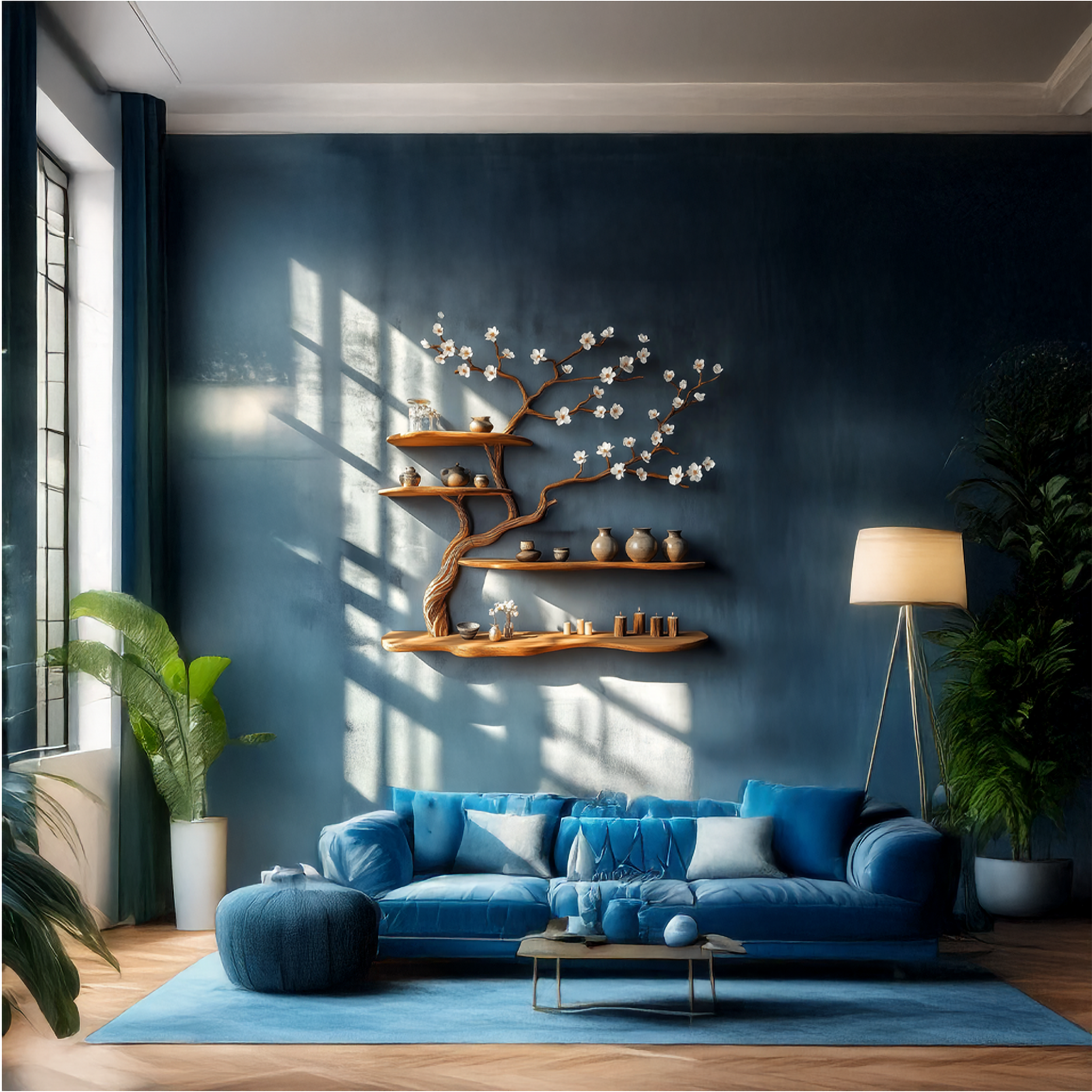 Rustic Blossom Floating Shelf Solid Wood Wall Art Living Room SINLSATBS075