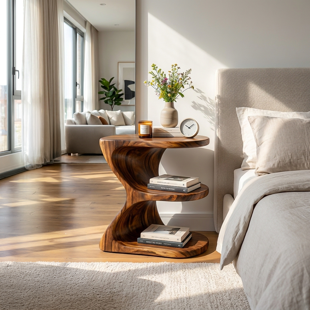 Modern Natural Wood Nightstand With E Shape For Bedroom RTTHTTNS041