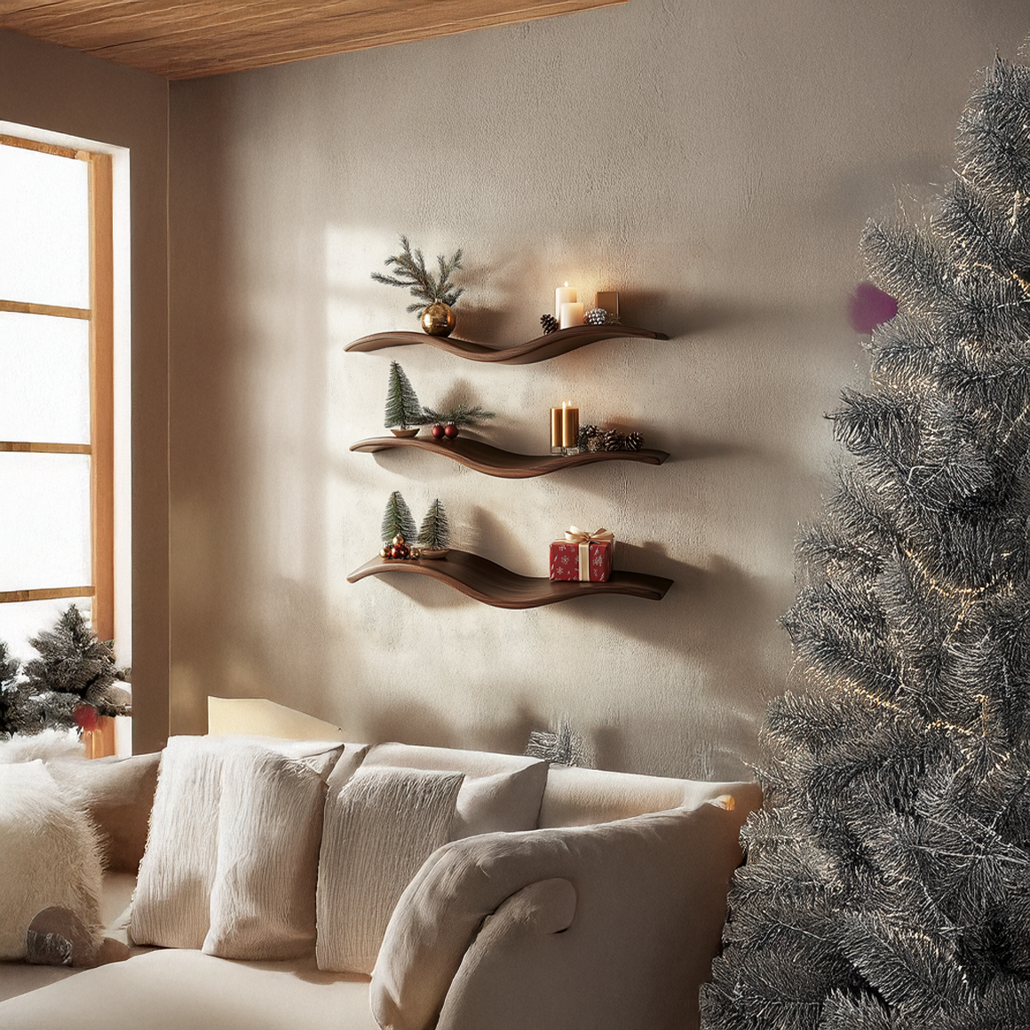 Mid Century Rustic Wave Wall Shelf Holiday Living Room SINLSAWV011