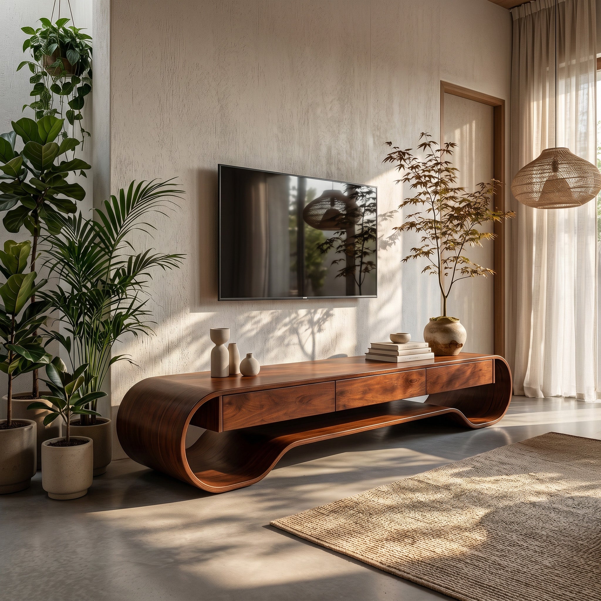 Sculpted Curved Media Console With Storage For Living Room RTTHHNTVC048