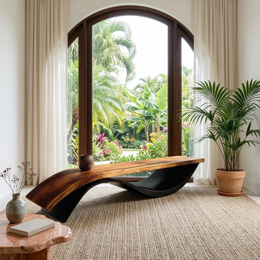 Handcrafted Wooden Bench With Unique Undulating Form For Living Room RTTHHNCHR160