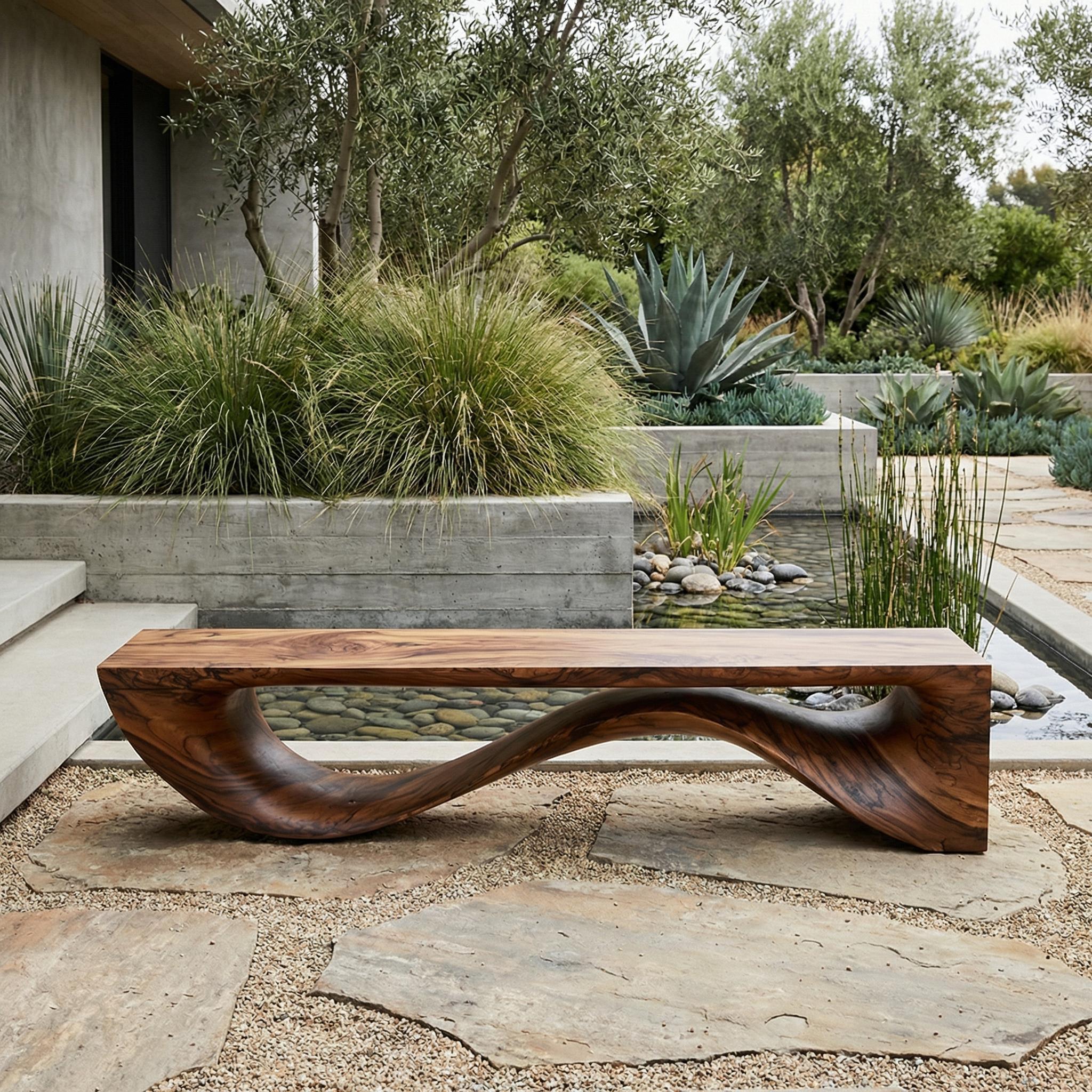 Sculptural Wave Bench Solid Wood Extended Curved Form Entryway SINLHARS095