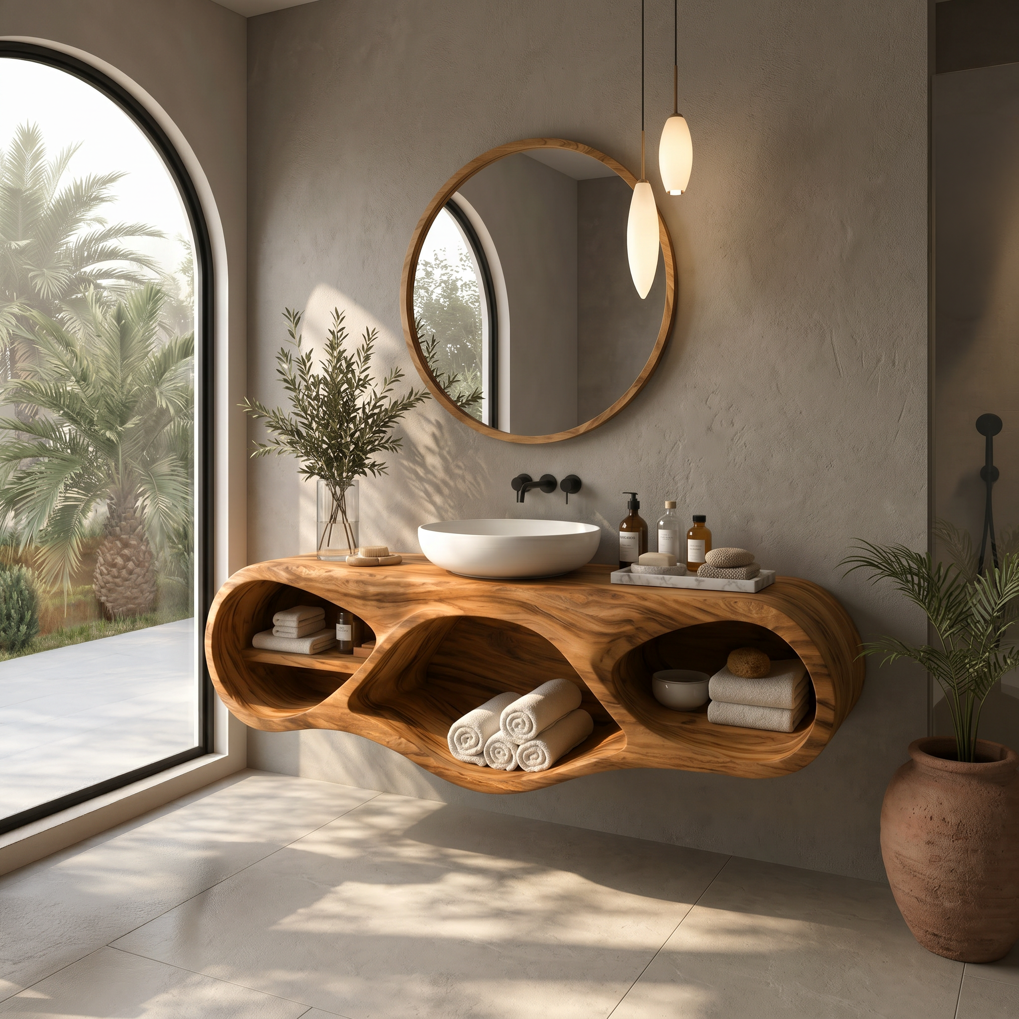 Organic Bathroom Vanity With Oval Open Shelves For Spa Bathroom RTTHTTBRV024